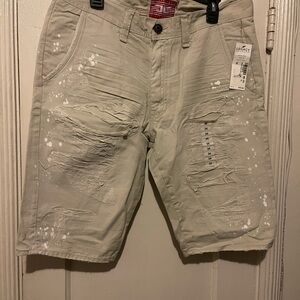 Jordan Craig  Men’s Distressed Paint-Splatter Flat Front Shorts - Light Khaki